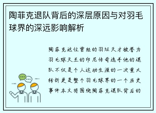陶菲克退队背后的深层原因与对羽毛球界的深远影响解析